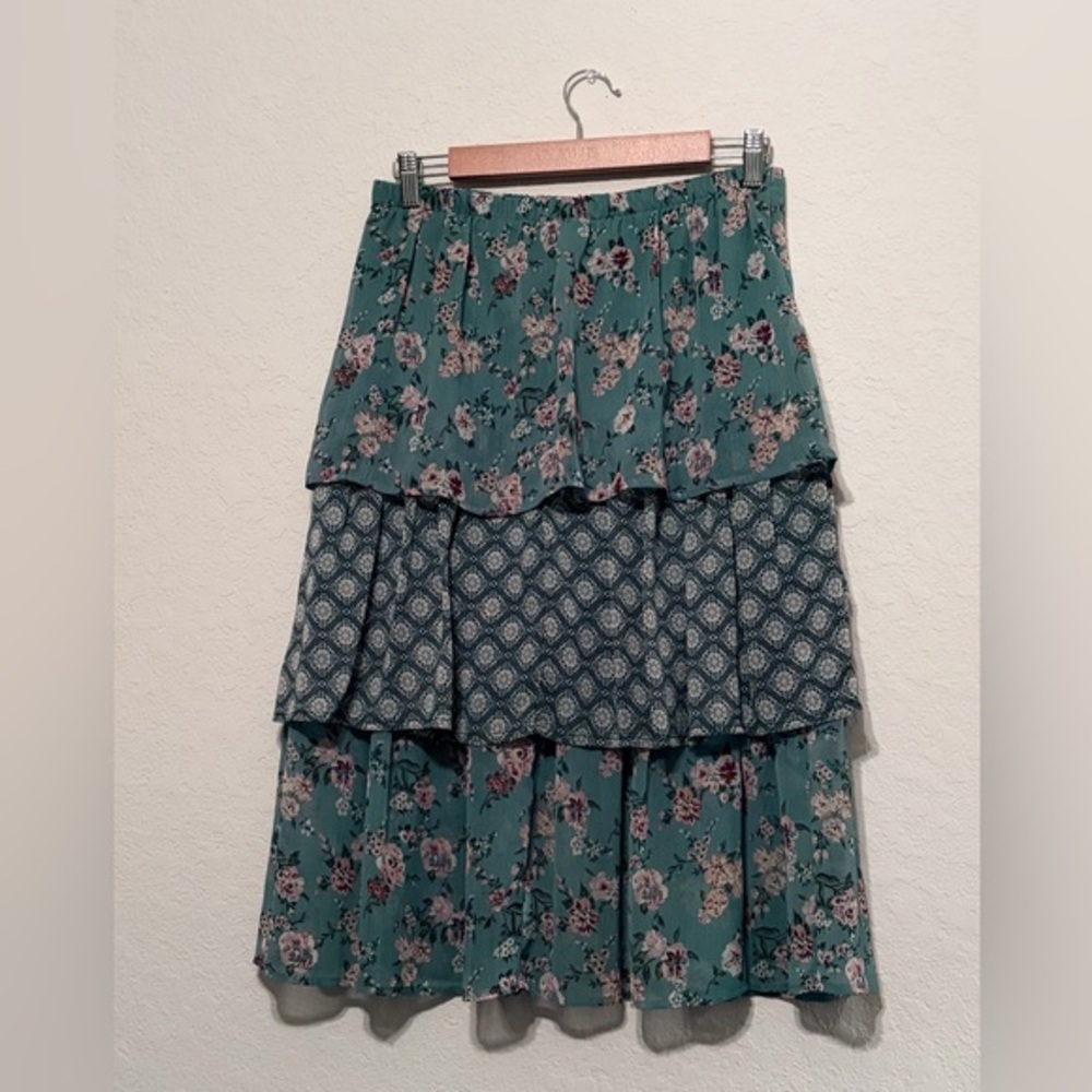 Elegant Floral Tiered Elastic Waist Midi Skirt in Teal